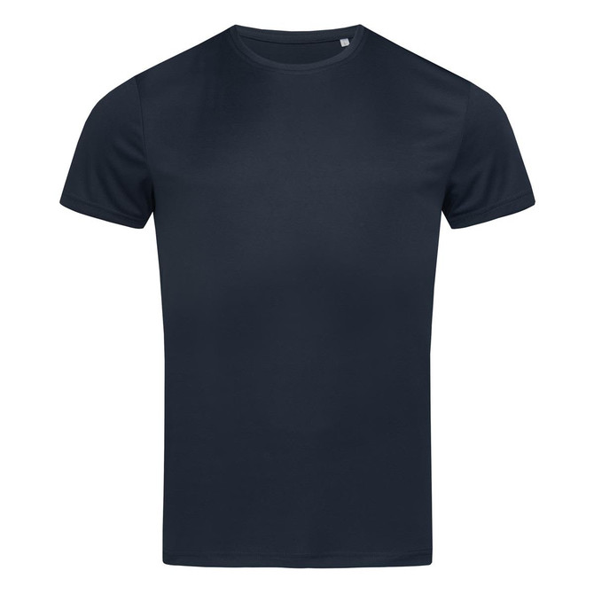 A navy blue men's active sports t-shirt featuring a round neck and short sleeves, with a logo.