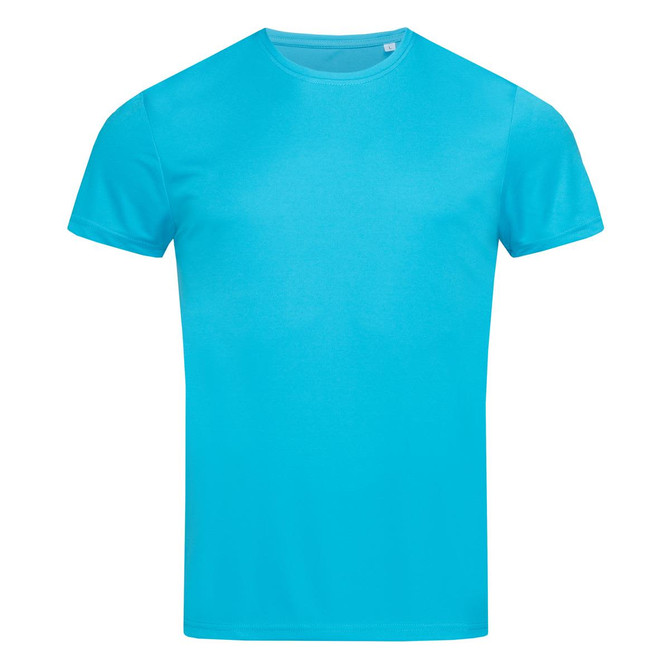 A vibrant turquoise men's active t-shirt featuring a classic crew neck design and short sleeves. It has a logo.