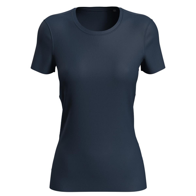A navy blue women's active sports T-shirt with a fitted design and short sleeves. It features a logo.