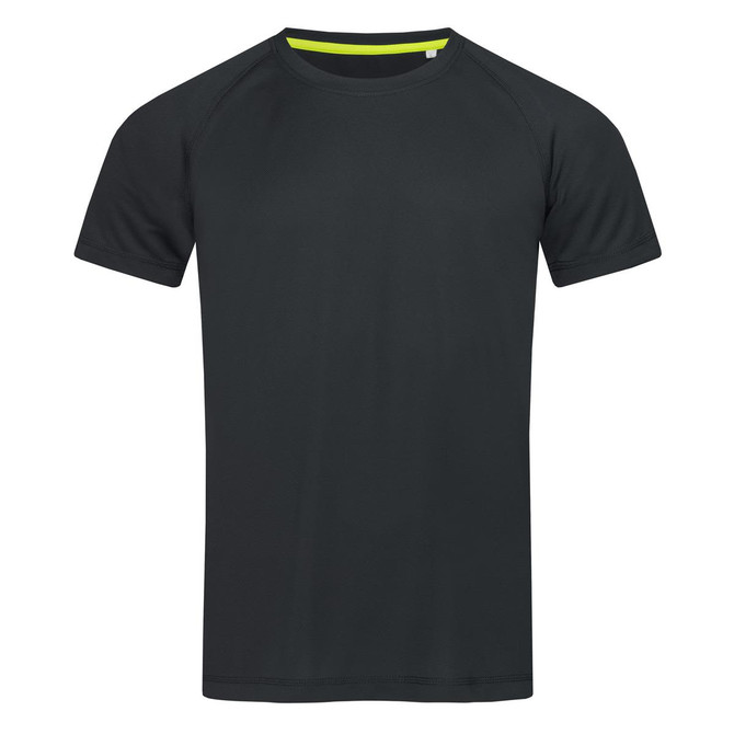 A dark green men's active t-shirt with a round neckline and contrasting trim. It features a logo on the chest area.