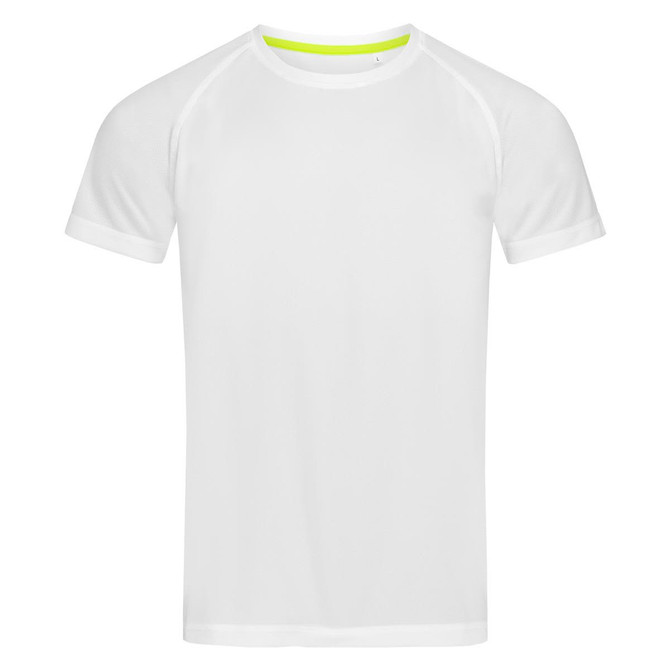 A white men's active t-shirt with short sleeves and a contrasting neon neckline. Features a logo on the design.