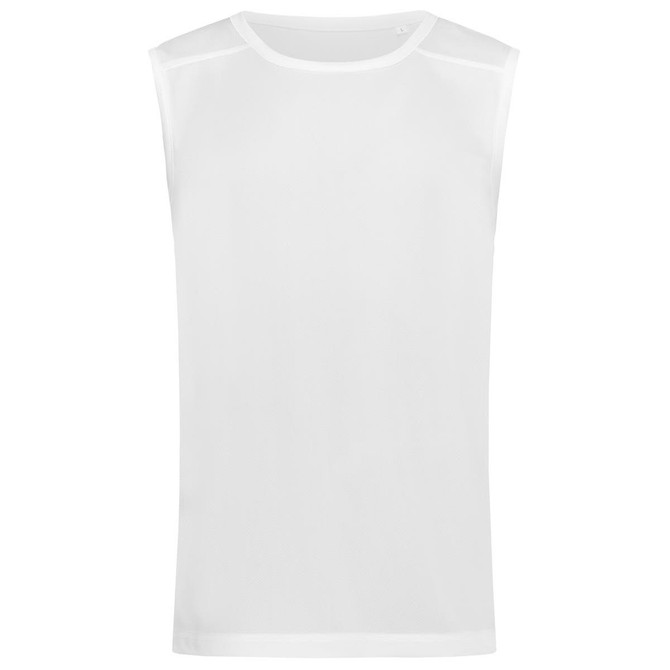 A white sleeveless active shirt with a mesh design, featuring a logo on the side.