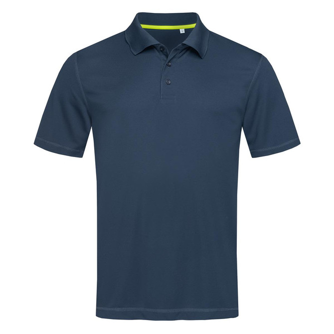 A dark navy men's polo shirt featuring a collar, three-button placket, and a contrasting inner collar.