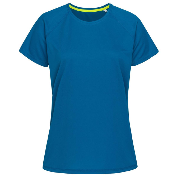 A blue women's active T-shirt featuring a crew neck and raglan sleeves, with a logo on the front.