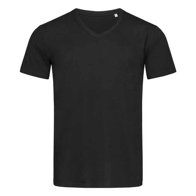 A black men's V-neck t-shirt with short sleeves and a simple design. It features a small logo.