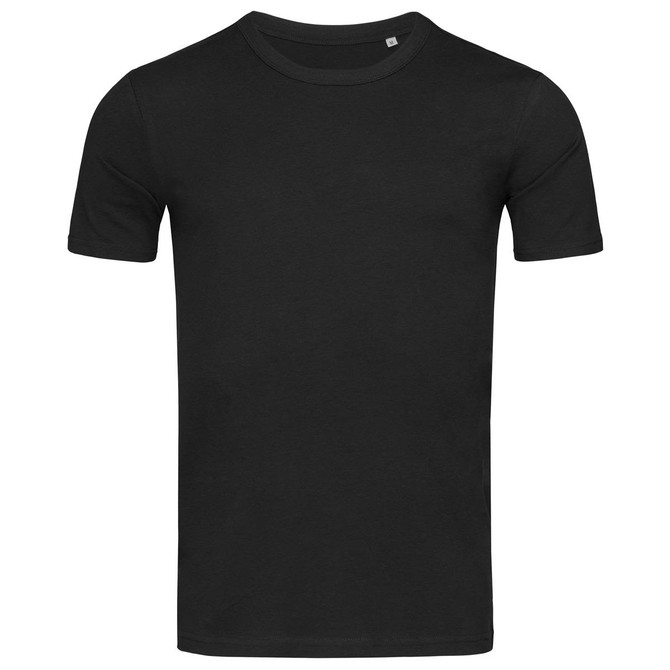A plain black crew neck t-shirt with short sleeves. The shirt has a small logo on the front.