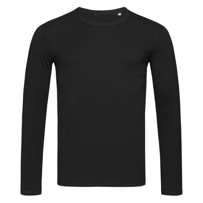 A black long sleeve shirt with a crew neck and a small logo on the chest area.