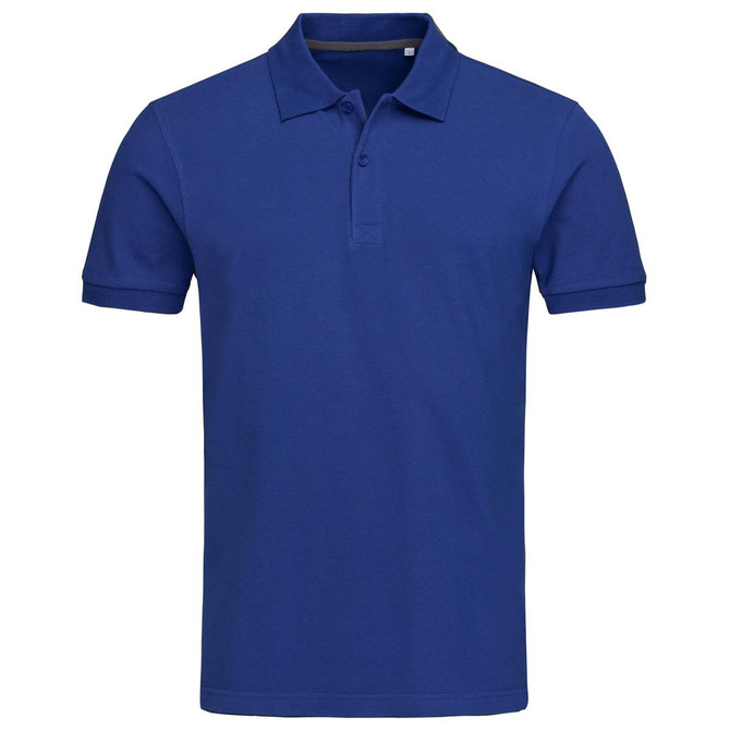 A blue men's polo shirt with a classic collar and short sleeves. Features a branding logo.