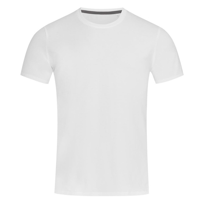 A plain white crew neck t-shirt with short sleeves, featuring a logo on the neckline.