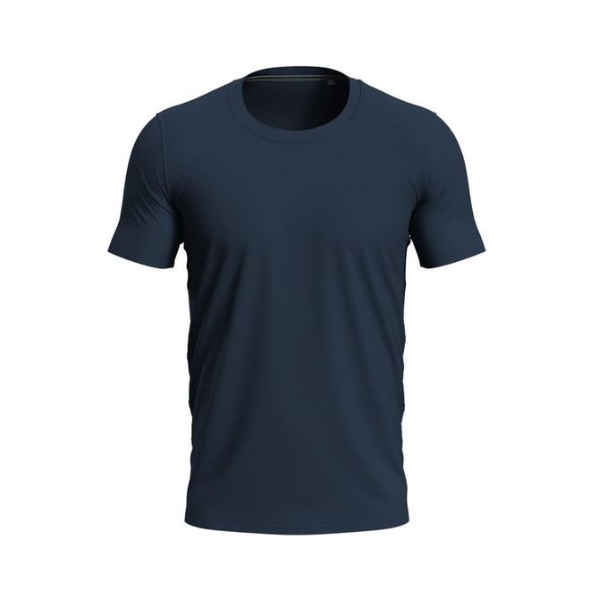 A navy blue crew neck t-shirt with short sleeves and a fitted design. Features a logo.