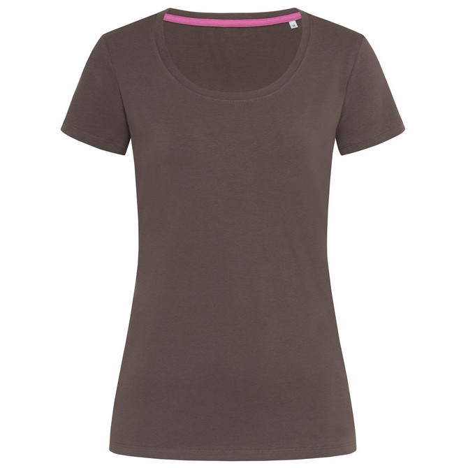 A dark olive green women's T-shirt with a crew neck and short sleeves, featuring a contrasting neckline and a logo.
