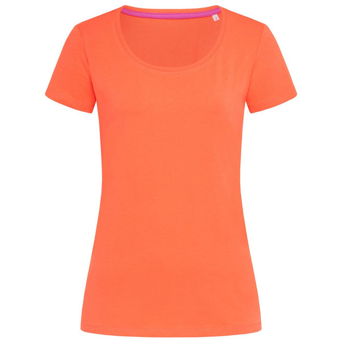 A women's crew neck t-shirt in vibrant orange with short sleeves and a scoop neckline, featuring a logo.