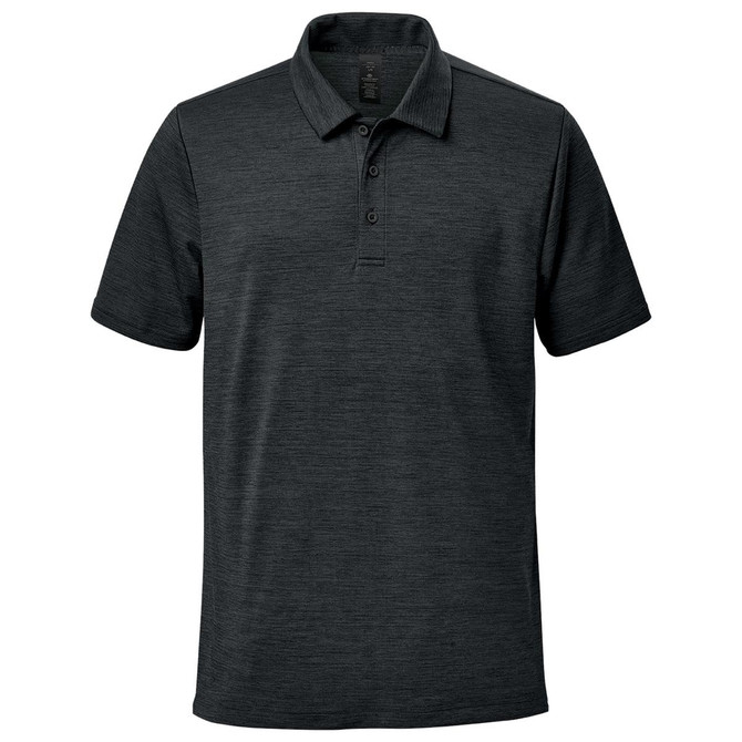 A dark grey polo shirt featuring a classic collar and a branded logo. Short sleeves and a textured fabric design.