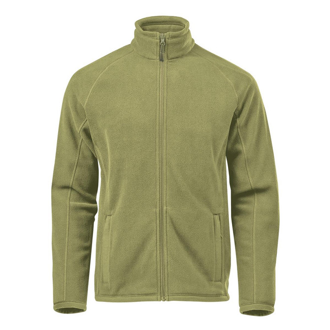 A men's polar fleece jacket in olive green with a zip front and a high collar. It features side pockets and has a logo.