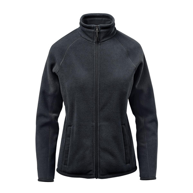 A women's polar fleece jacket in dark grey, featuring a high collar and zippered front with side pockets.