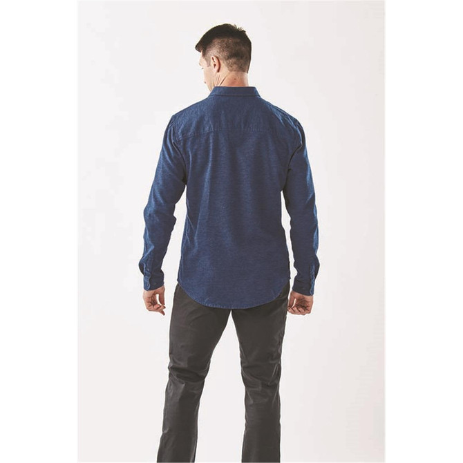 A men's long sleeve twill shirt in navy blue, featuring a button-up design and a back view.