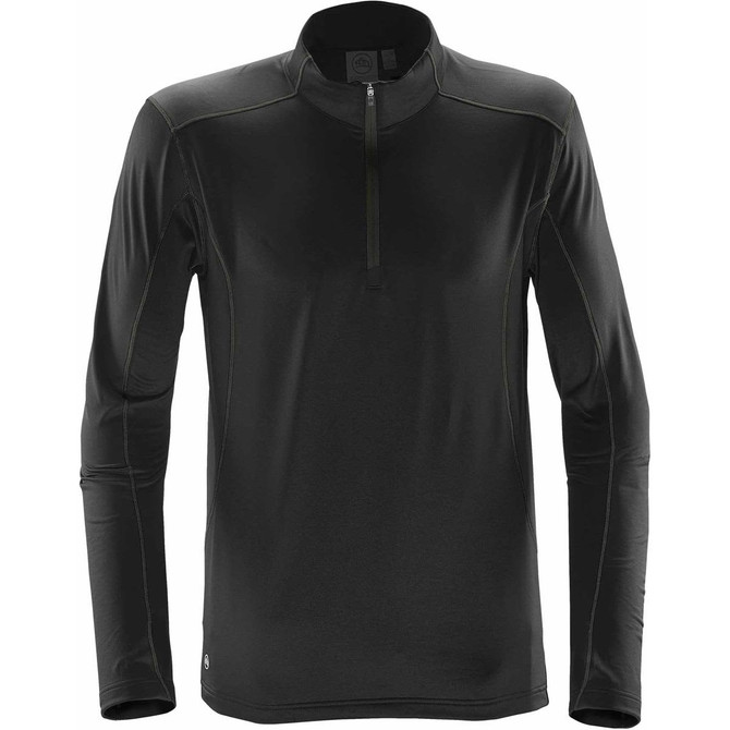 A black polar fleece pullover featuring a high collar and half zip, designed for men's wear.