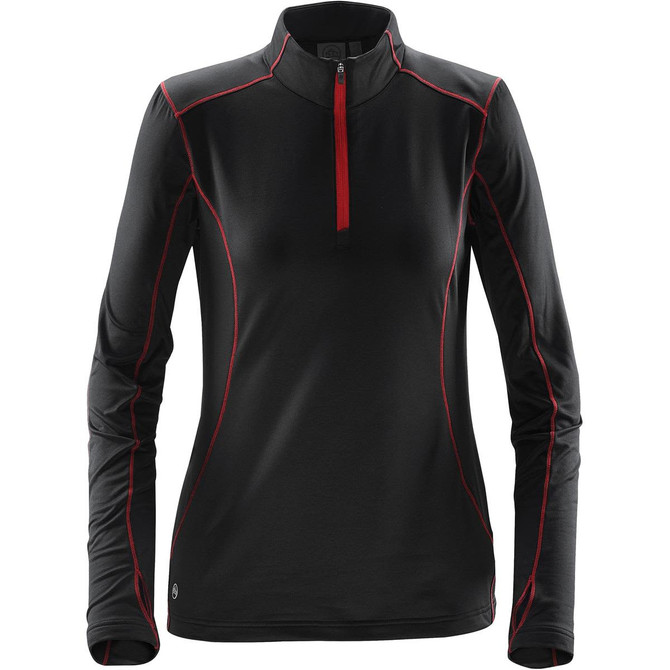 A women's black fleece pullover with red accents and a quarter zip, featuring long sleeves and a logo.