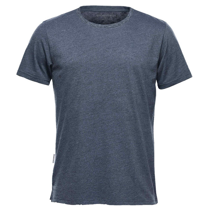 A navy blue crew neck t-shirt with short sleeves and a small logo on the side.