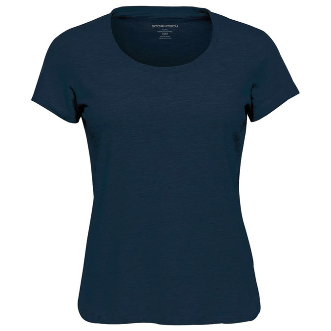 A navy blue women's crew neck t-shirt with short sleeves and a fitted design. It has a logo on the label.