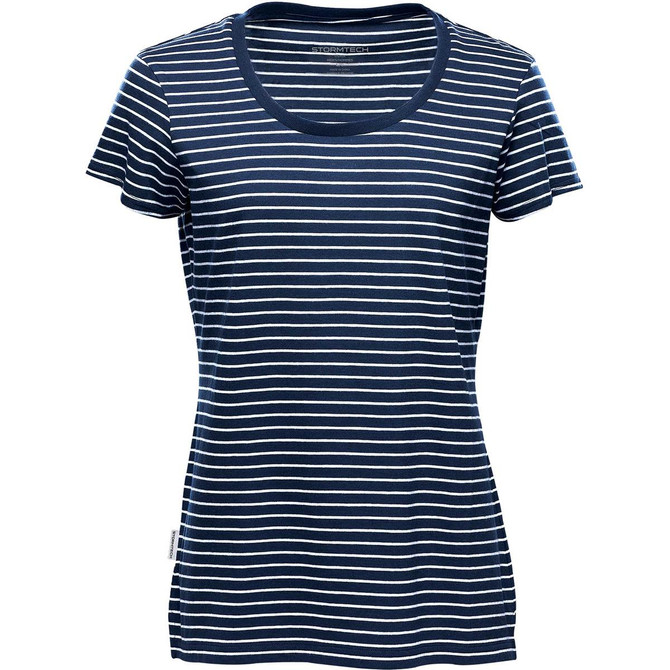 A navy and white striped women's crew neck t-shirt with short sleeves and a logo on the side.