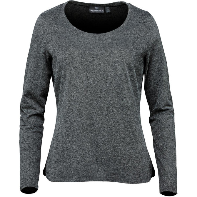 A long-sleeve women's T-shirt in a dark grey colour with a rounded neckline and a subtle logo.