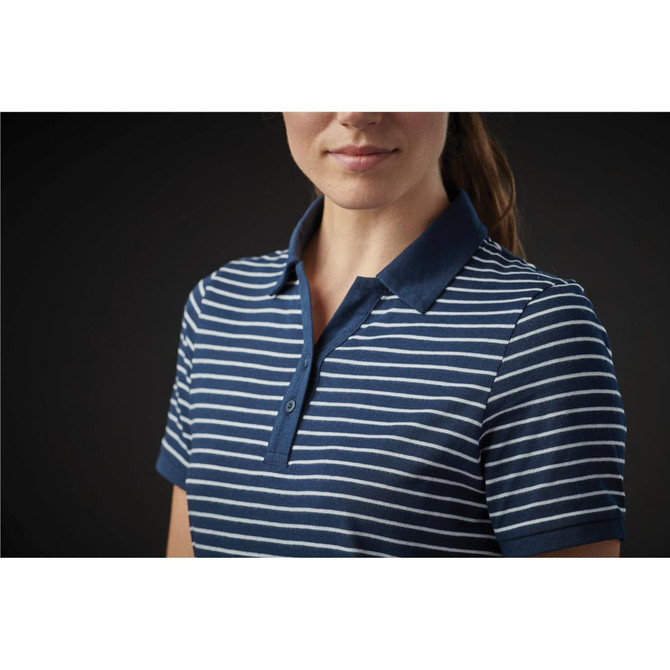 A women's polo shirt in navy blue with white horizontal stripes, featuring a collar and buttons.