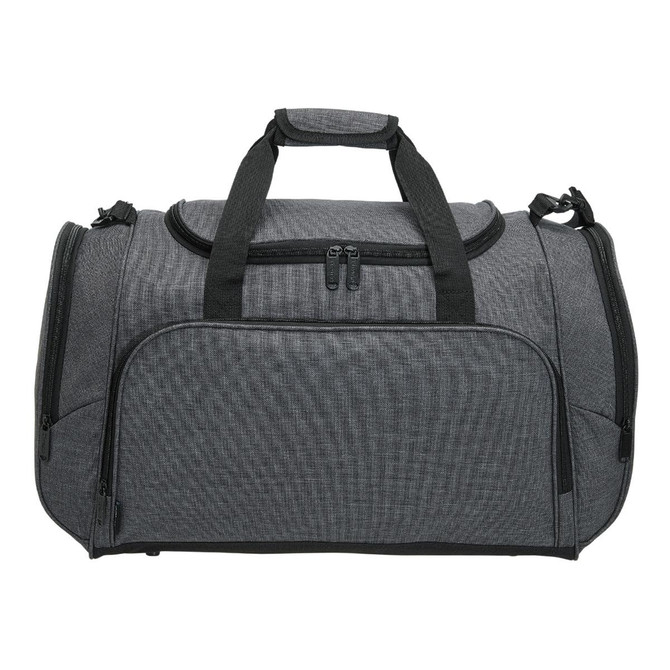 A grey duffle bag with zipped compartments and dual handles, featuring a branding logo.