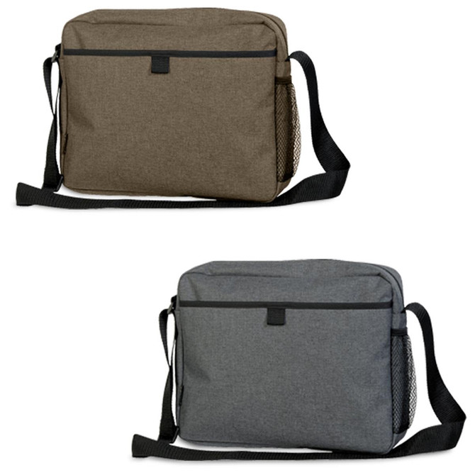 A practical satchel available in olive green and grey, featuring a shoulder strap and a side mesh pocket.