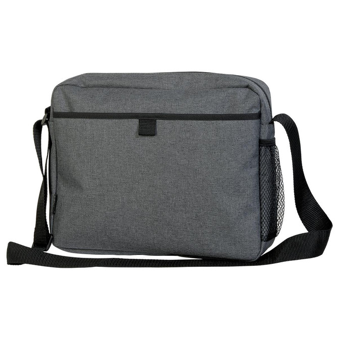 A grey satchel with a front pocket, adjustable shoulder strap, and side mesh pocket. Features a logo.