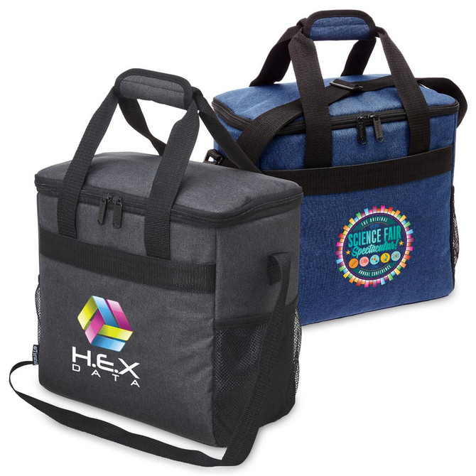 A dual set of cooler bags in black and navy blue, featuring handles and mesh pockets, with logos displayed.