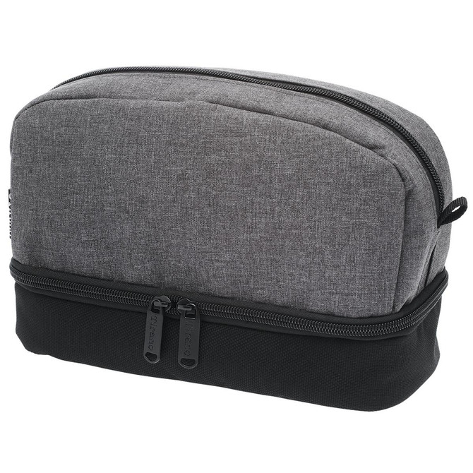 A grey and black toiletry bag featuring dual zippers and a sleek design, with a branding logo.