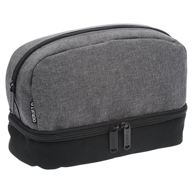 A grey and black toiletry bag with a rounded top and dual zip closures, featuring a logo.