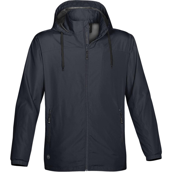 A dark navy rain jacket featuring a hood and zippered pockets, with a logo on the lower front.