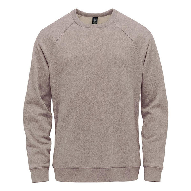 A men's crew neck sweater in a light taupe colour, featuring raglan sleeves and a logo on the neckline.