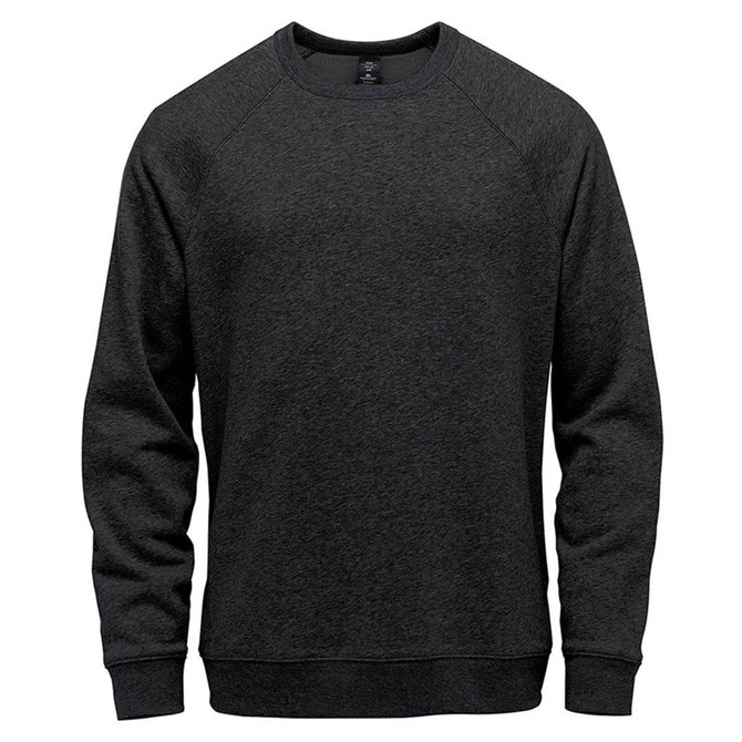 A men's crew neck sweater in dark grey with a simple design and a logo on the chest.