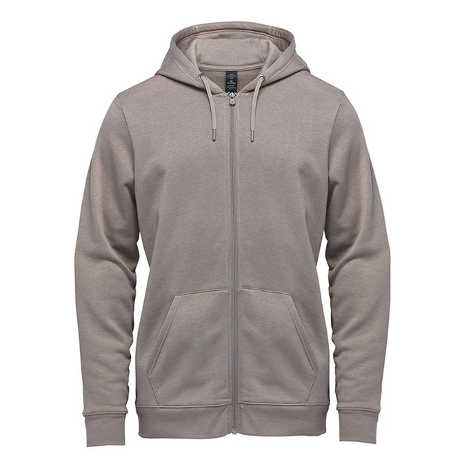 A light grey full zip hoodie featuring a hood and front pockets, with a small logo on the chest.