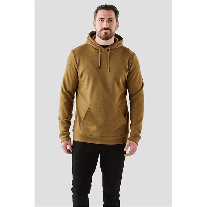 A men's fleece pullover hoody in brown, featuring a kangaroo pocket and a hood, with a logo.