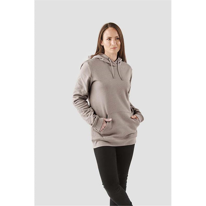 A women's light grey fleece pullover hoody with a front pocket and drawstring hood.