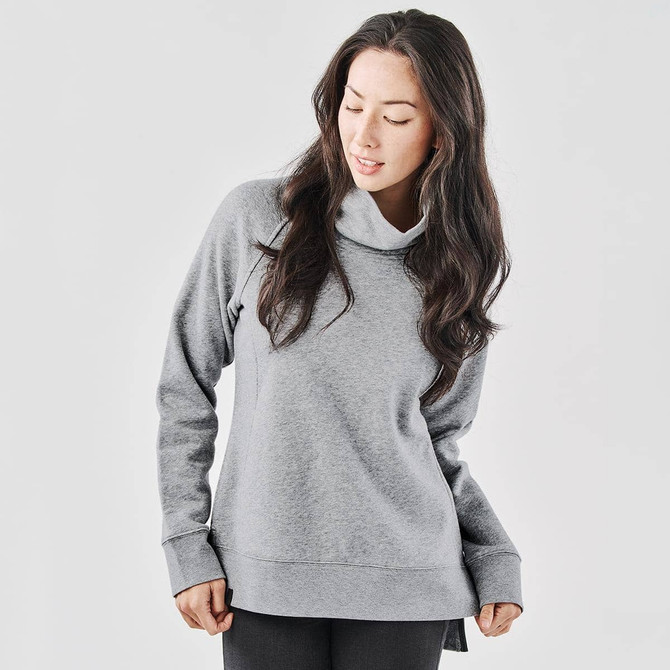 A grey cowl neck pullover with long sleeves and a relaxed fit, featuring a subtle logo.