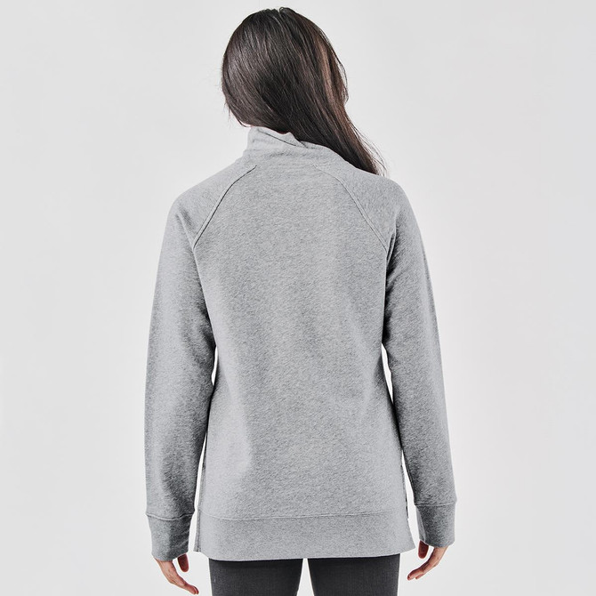 A grey cowl neck pullover is displayed, featuring a relaxed fit and long sleeves. It includes a logo.