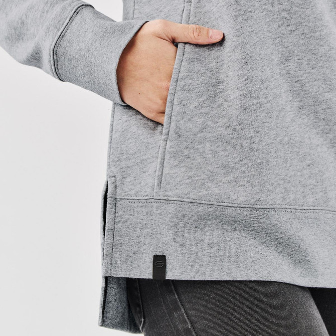 A grey women's cowl neck pullover featuring a side slit and a pocket at the hip, with a small logo tag.