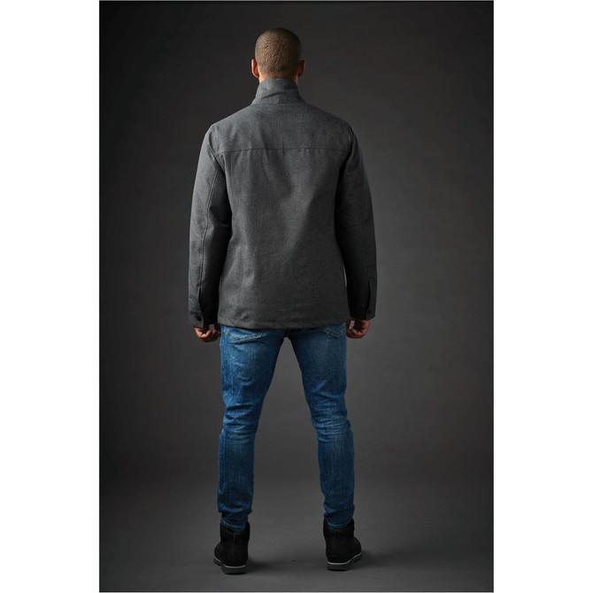 A grey men's jacket viewed from the back, worn over a light shirt and blue jeans. The jacket features a collar and has a logo.