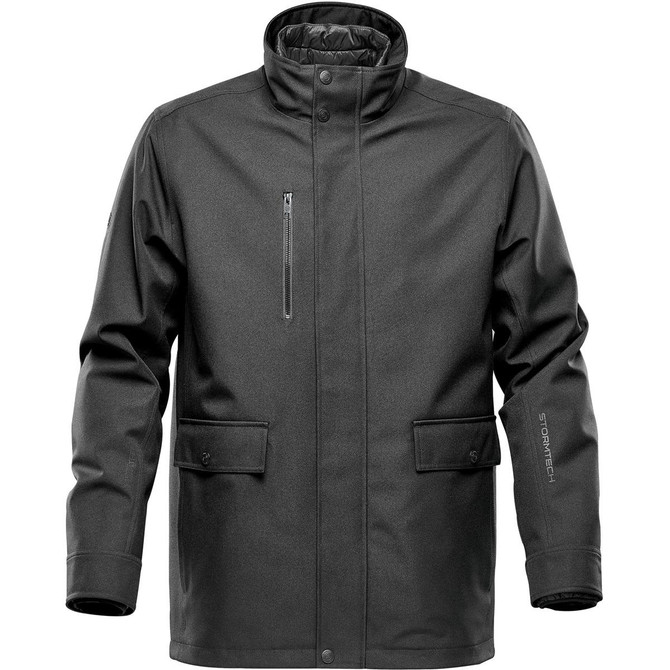 A black jacket with a high collar, zippered front, and two front pockets, featuring a logo on the sleeve.