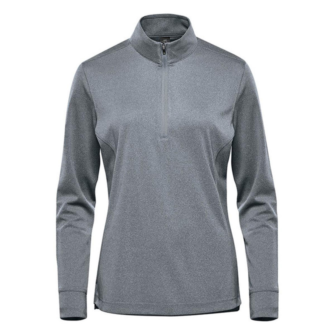 A women's 1/4 zip pullover in a grey shade, featuring long sleeves and a zippered collar. It has a logo.