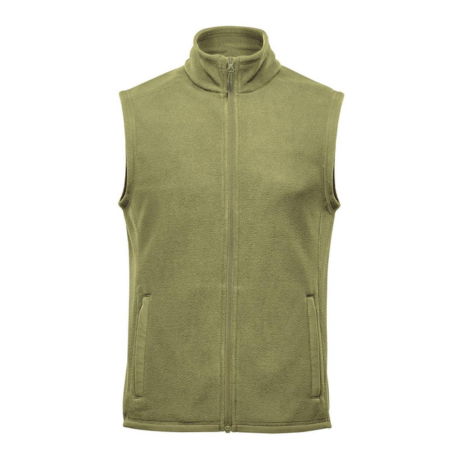 A green fleece vest with a high collar and zip front, featuring side pockets and a logo.