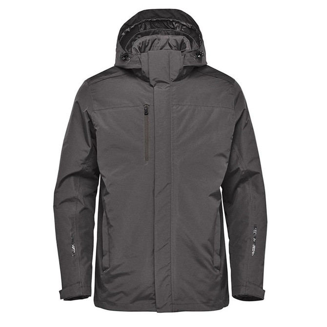 A men's Magellan System jacket in grey featuring a hood and zippered pockets. The jacket has a logo on it.