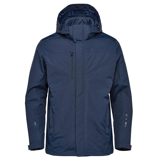 A navy blue jacket with a hood, featuring a zippered front and a logo on the sleeve.