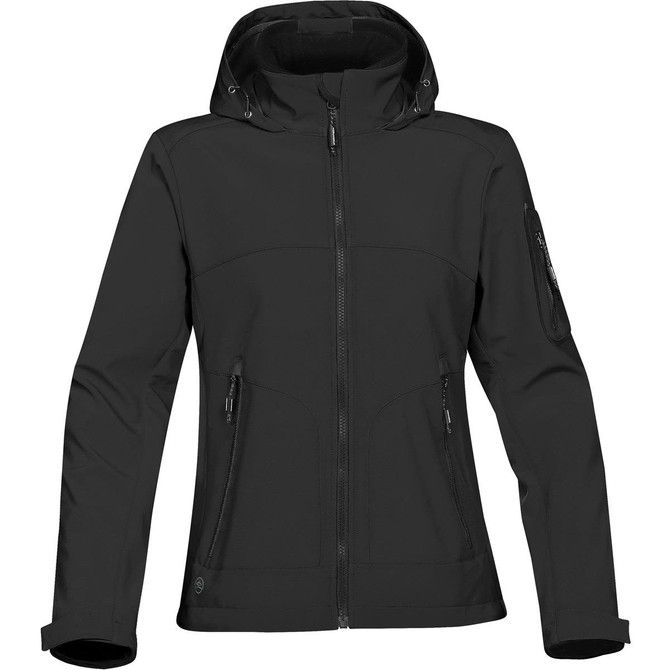 A women's black softshell jacket featuring a hood, multiple zippered pockets, and a logo on the sleeve.