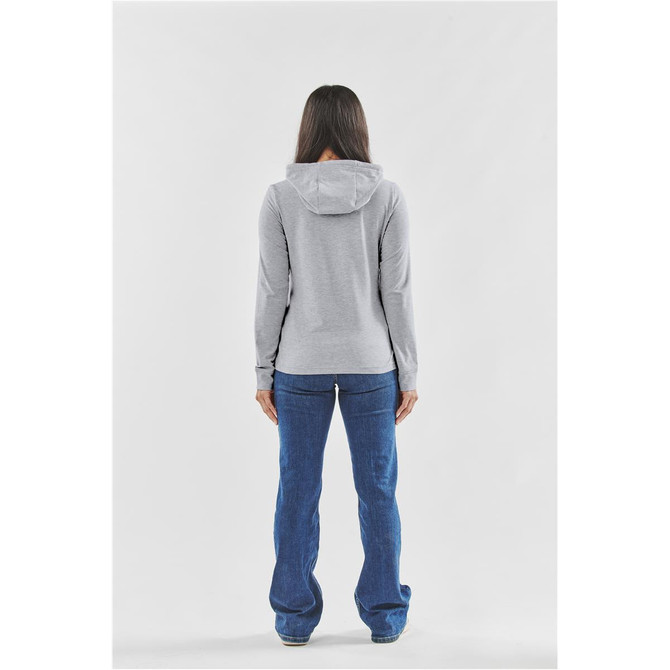 A grey women's pullover hoody with a hood, viewed from the back, paired with blue jeans.